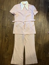 Vintage 70s JCPenney Pink Check Polyester Pantsuit Top Pants Set Belted