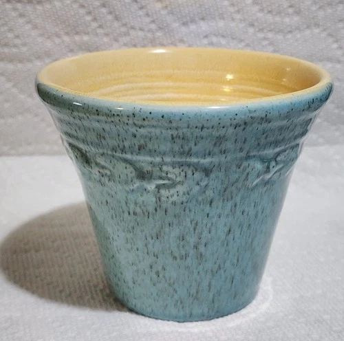 Vintage Red Wing Pottery Flared Feather Band Speckled Teal Planter #677