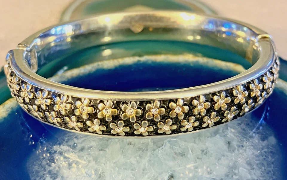 Brighton Loves Me Black Enamel Flower Crystal Hinged Silver Oval Bracelet Bangle - Image 3 of 4