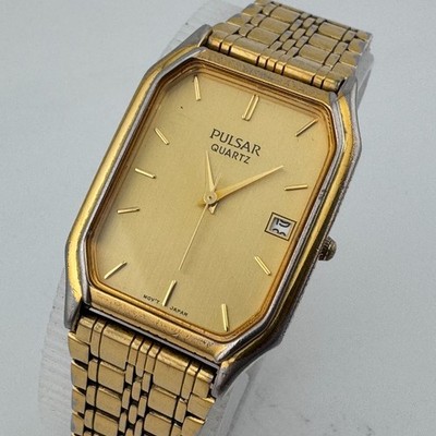 Vintage Pulsar Quartz Watch V722-X147 Men Gold Tone Rectangle Analog New Battery