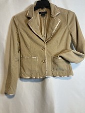Y2K Beige Corduroy Jacket Blazer M Satin Trim Light Academia 70s Career Classic