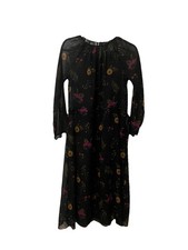 Uniqlo Sheer Floral Dress with covered string cinch belt black floral midi Sz XS