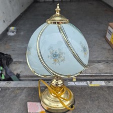 Vtg 3-Way Gold Tone Touch Lamp with 6 Glass Panels Blue Floral 14" Grannycore