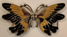 Vintage Mid-Century Gold-Tone Black  Yellow Kissing Butterflies Belt Buckle