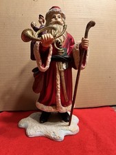 "Estatuilla de Papá Noel de resina del viejo mundo niño en cuerno bastón túnica roja brillo 14"""