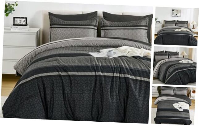 7 Pieces Comforter Set Size Striped Bed in a Bag Comforter and Queen Dark Grey