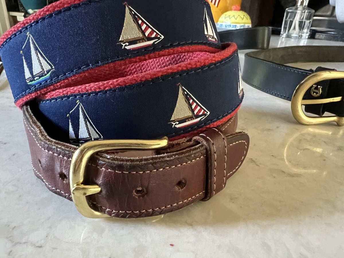 Preston Surcingle Blue Cotton & Leather Belt Sailboats Nantucket