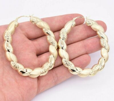 2 3/4'' große gedrehte Diamantschliff Bambus Satin Creolen echt 10K Gelbgold