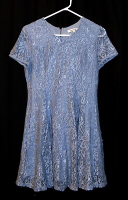 Francesca's HILDA Dress Large 10/12 Womens Stretch Lace A-Line S/S Flare Blue