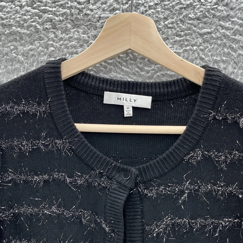 Suéter Milly Mujer Mediano Negro Lana Merino Brillante Rayas Botón Cárdigan Foto 3 de 4