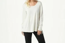 H by Halston Boyfriend Sweater with Whipstitch Detail in Bone, Small, A368023