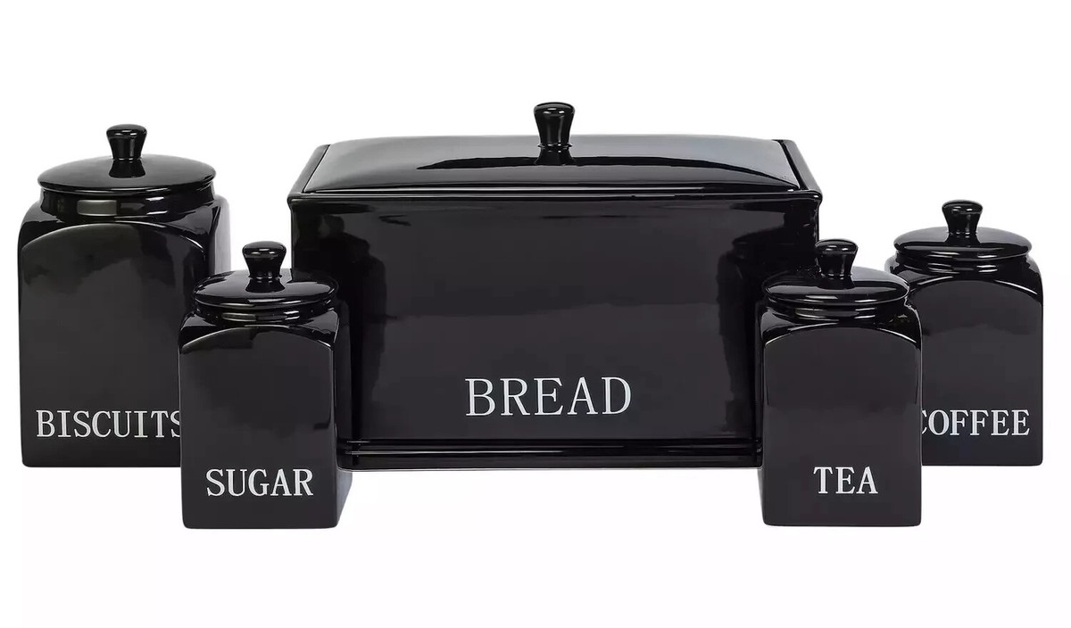 5pcs Storage Set Ceramic Bread Bin Biscuit Tin Tea Coffee Sugar