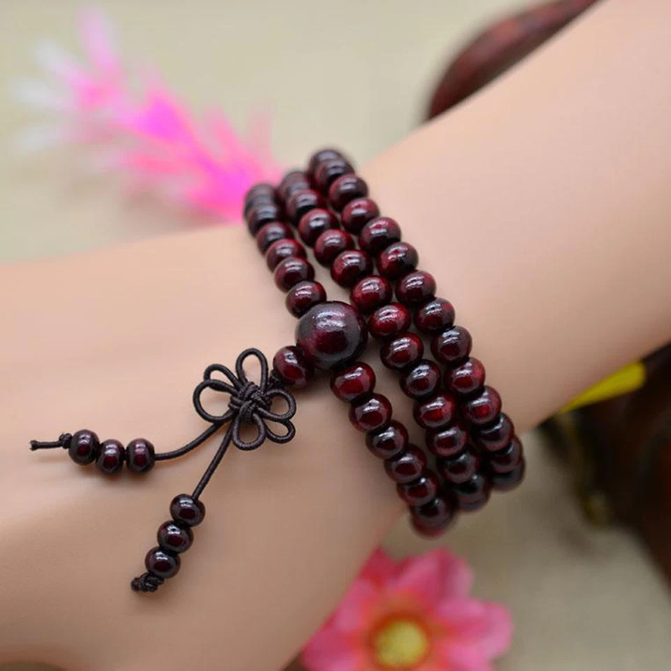 Mala bracelet bois de santal bouddha 108 perles bois prière perles rouge - Photo 2/2