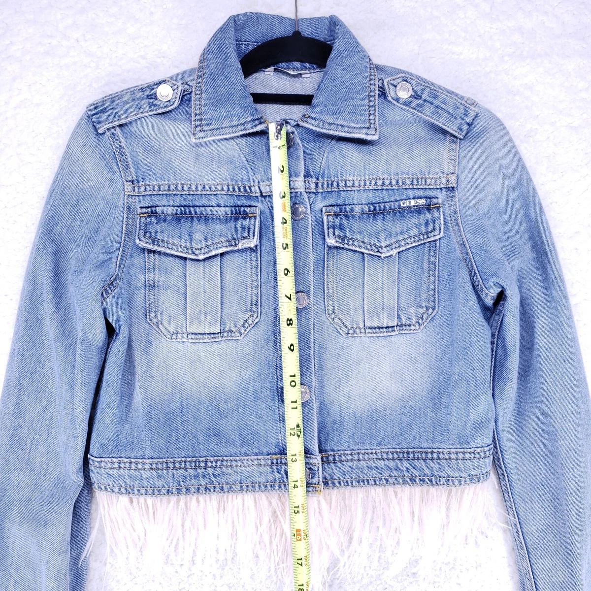 Borgmester Sodavand Frem Guess Cropped Feather Trimmed Blue Jean Jacket Womens Size Small Denim Coat  | eBay