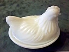 Vintag MILK GLASS HEN on NEST  BASKET WEAVE NEST