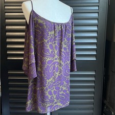 SMYMM Purple and Green Abstract Swirl Cold Shoulder Flutter Sleeve Fairy Dress