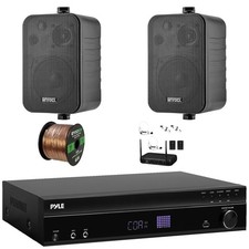 Pyle Hi-Def Bluetooth Receiver, 2x 4" 30W Max Outdoor Speakers Wireless Mic