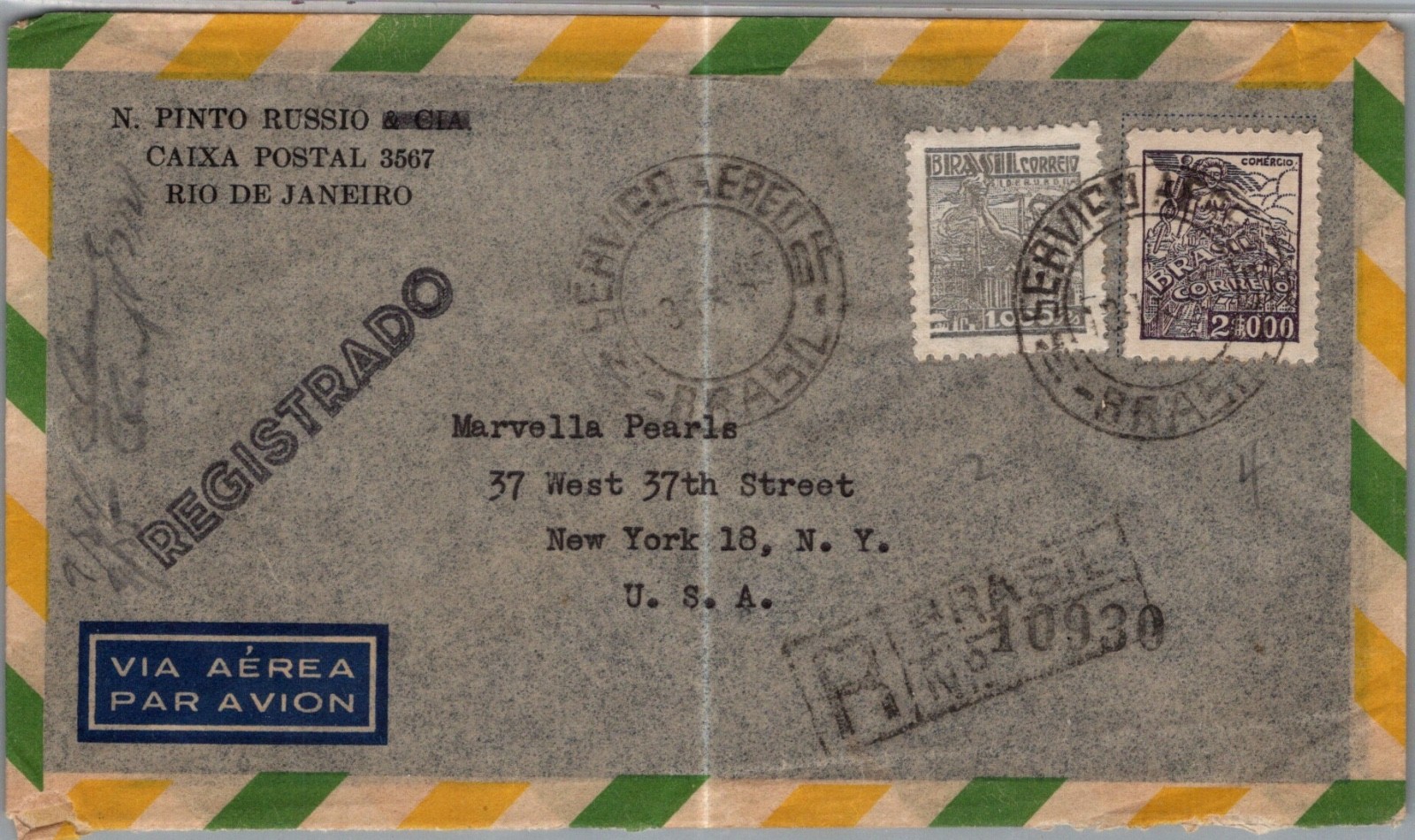 BRAZIL 1945 POSTAL REG AIRMAIL COVER MULT FRANK ADDR USA & POSTMARK