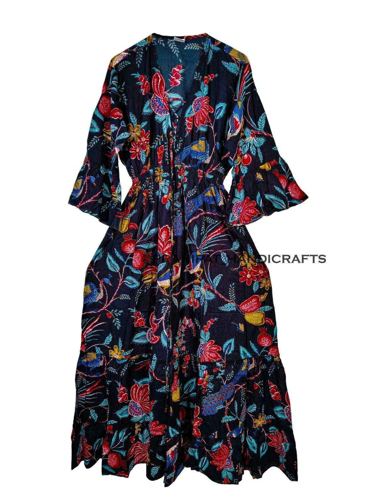 Indian Cotton Peacock Print Gypsy Beach Cover Black Summer Boho Party Wear Dress