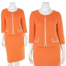 St. John Knits 2Pc Skirt Suit sz 10/8 Orange/White Jacket  Skirt Set Outfit