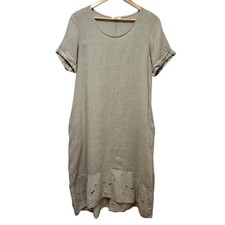 Rosemarine Linen Midi Dress Womens S Beige Eyelet Hem Made in Italy Lagenlook