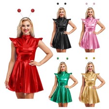 Women 2 Piece Alien Costume Shiny High Waist Dress With Headwear Halloween Party