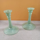 2 Fenton Art Glass 7” Swirl Opalescent Green Candle Holders, 5.5 in round base