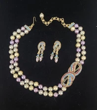 Heidi Daus Lilac Faux Pearl  Necklace And Earring Set SIGNED