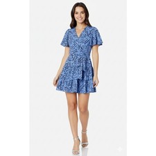 Eliza J Blue Black Zebra Pattern Flutter Sleeve Chic Retro Fit Flare Dress Sz 18