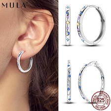 Original 925 Sterling Silver Large Hoop Earrings Blue CZ Starry Women Jewelry
