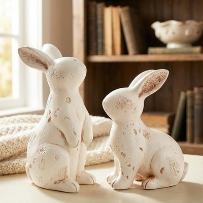 2PCS Vintage Easter Bunny Decor White Resin Rabbit Figurines