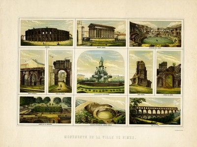 Antique Print-Different monuments in Nimes in France-Pradier-Questel-ca. 1860
