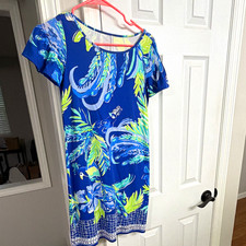Lilly Pulitzer XXS Floral Shift Dress Blue Green White Jersey Pima Cotton