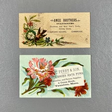 Victorian Trade Cards (2) Taunton Cambridge MA Boots Hats Furs Stationers Flower