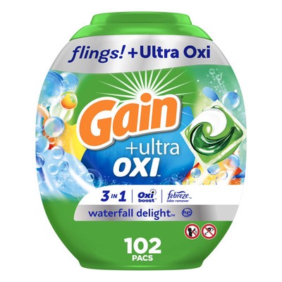 Gain Flings Ultra Oxi Laundry Detergent Pacs, Waterfall Delight Scent, 60 Count