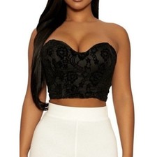 Naked Wardrobe THE STATEMENT NEW Black Floral Lace Exposed Zipper Bustier L