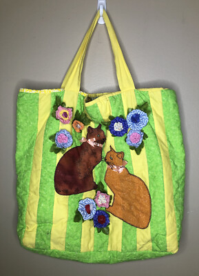 Cat Tote Bag XL Yellow Green Black Brown Side Pocket 22.5 in Deep Handmade Quilt