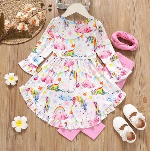 girls rainbow star unicorn hi-lo top & pink leggings set size 18-24m/2y/3y/4y/5y - Picture 2 of 12