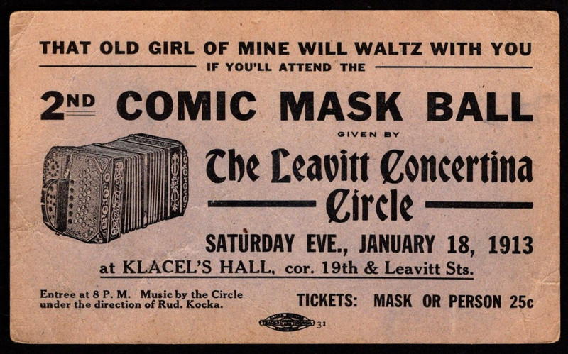 Chicago JAZZ AGE Ballroom Dance Notice 1913 2nd Comic Mask Ball by Leavitt Conce