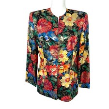 Vintage Blazer Womens Custom Made Silk Floral Metallic Button Front Shoulder Pad