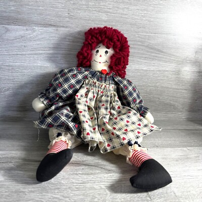 Handmade Raggedy Ann Style Rag Doll With Red Yarn Hair & Plaid Outfit 16 Inches