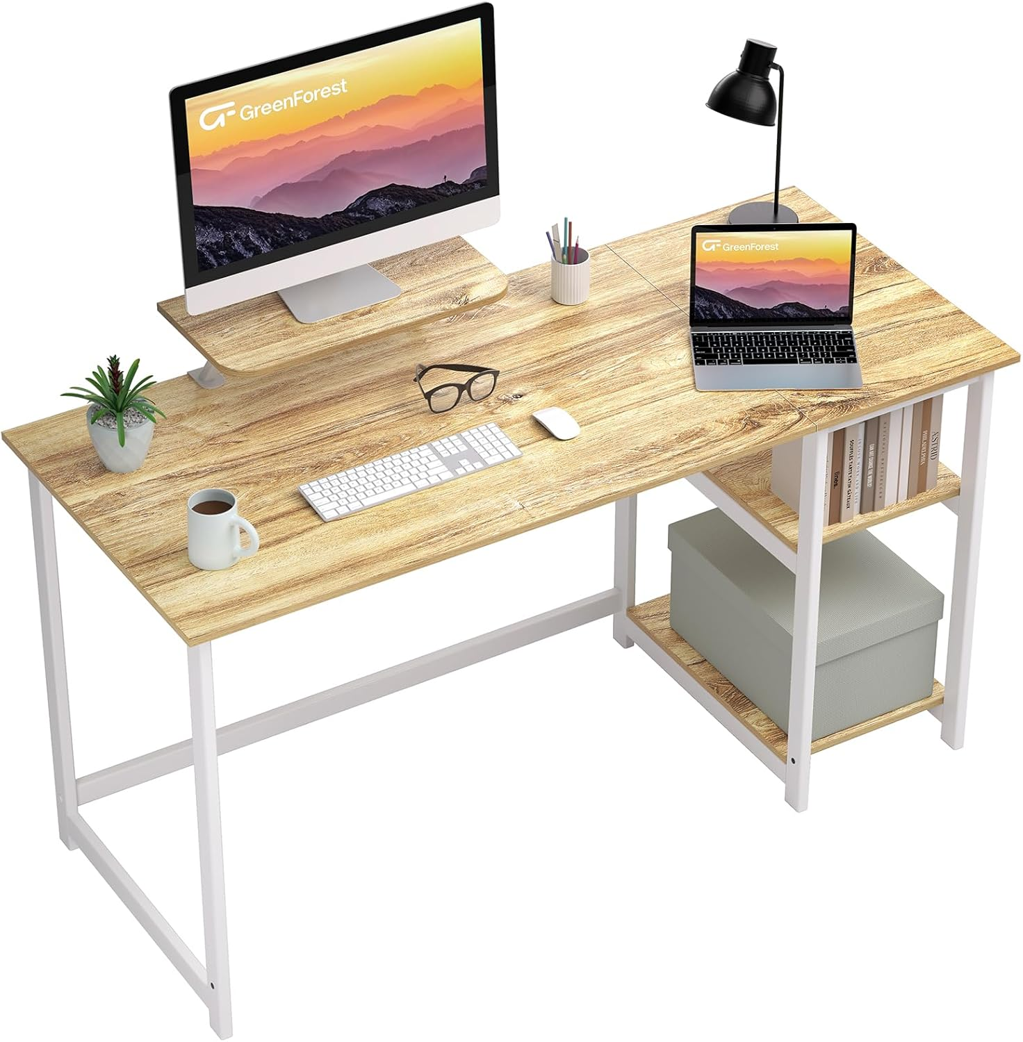 Computer Home Office Desk with Monitor Stand and Reversible Storage Shelves,55 I