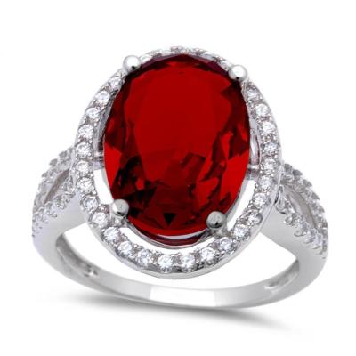 Halo 6CT Oval Cut Deep Red Garnet & Cz .925 Sterling Silver Ring
