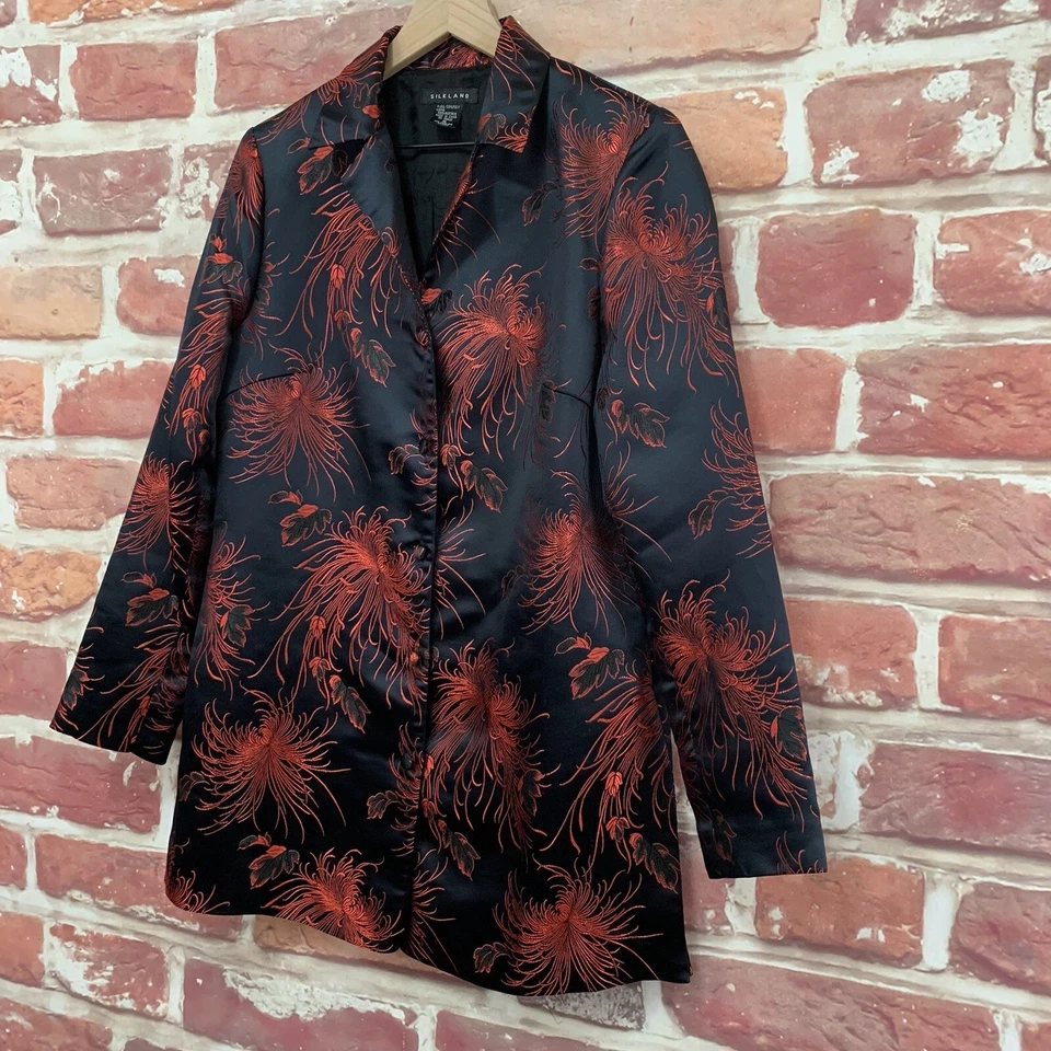 Chaqueta Blazer Silkland Mujer Mediana Negra Roja Satinada Floral Abstracto Jacquard Foto 3 de 4