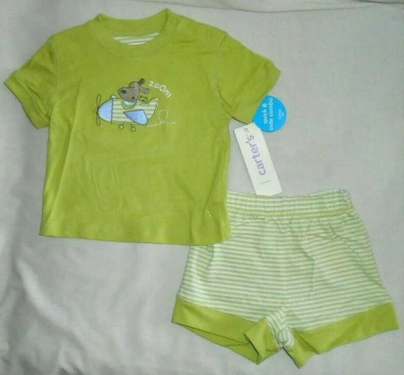 Infant Baby Boy Carters 2Pc T-Shirt Shorts Green Stripes Comfy Set Sz 6 Months