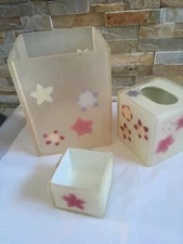 3pc BATH SET  w/Flowers Waste Can, Tissue Cover & Accessories Holder Retired Set