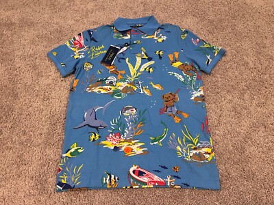Polo Ralph Lauren scuba diver diving bear ocean shark blue shirt Hawaii  beach S