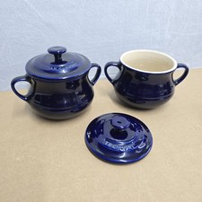 Pair Of Le Creuset Small Soup Bean Pot Dish With Lids Dark Blue Stoneware VGC