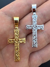 Men's Viking Celtic Cross Pendant Solid 925 Sterling Silver / 14k Gold Plated