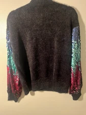 Listicle Sequin Sleeve Fuzzy Pullover Sweater Black